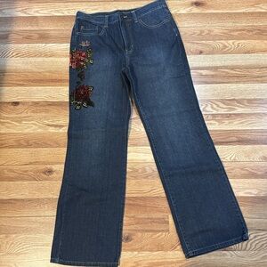New York & Company Dark Blue Boot Cut Jeans with Red Floral Embroidery